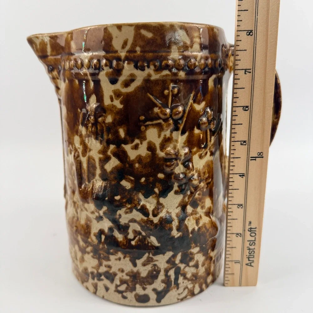 Antique Rockingham Glazed Yellowware Pitcher Brown Spongeware Relief Floral Jug